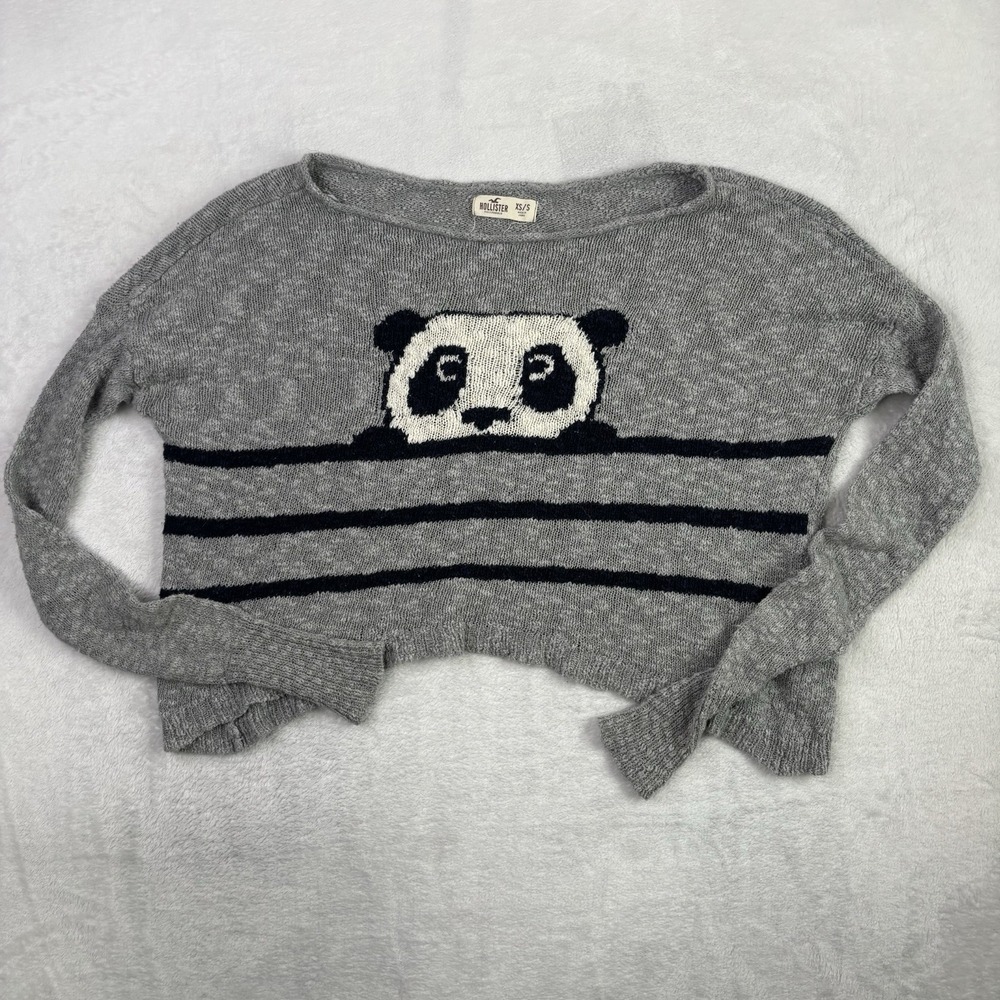 Y2K Hollister Panda Knit Sweater Crop Grey Long Sleeve Women's XS/S